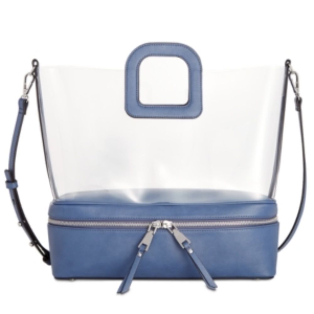 Vinyl Inc International Blue Clear Transparent Maxi Tote Zip Drop Bottom NEW